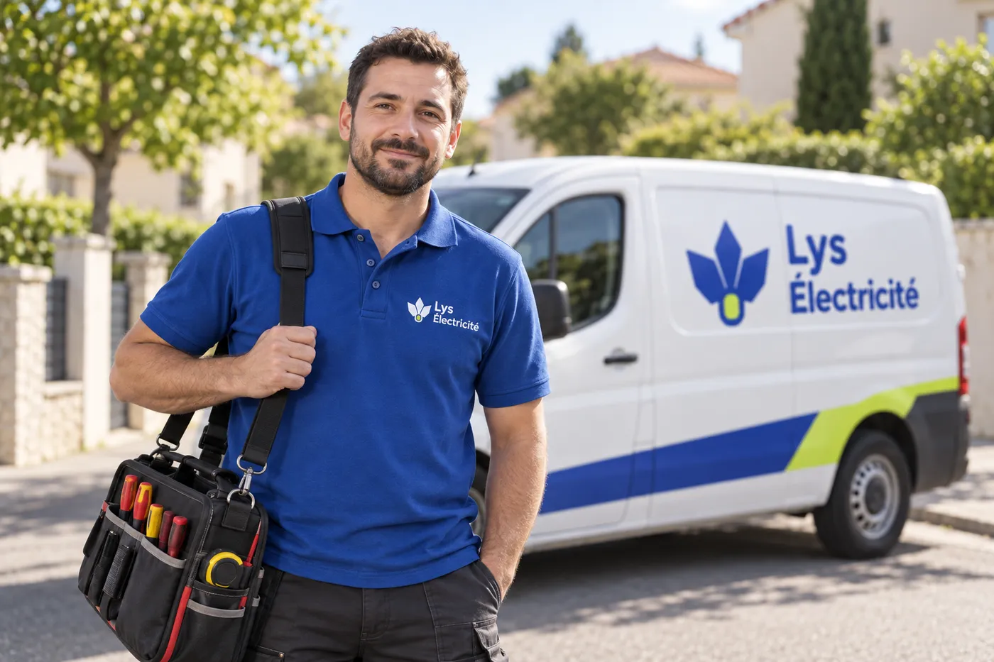 Électricien en polo Lys Électricité devant la camionnette d'intervention