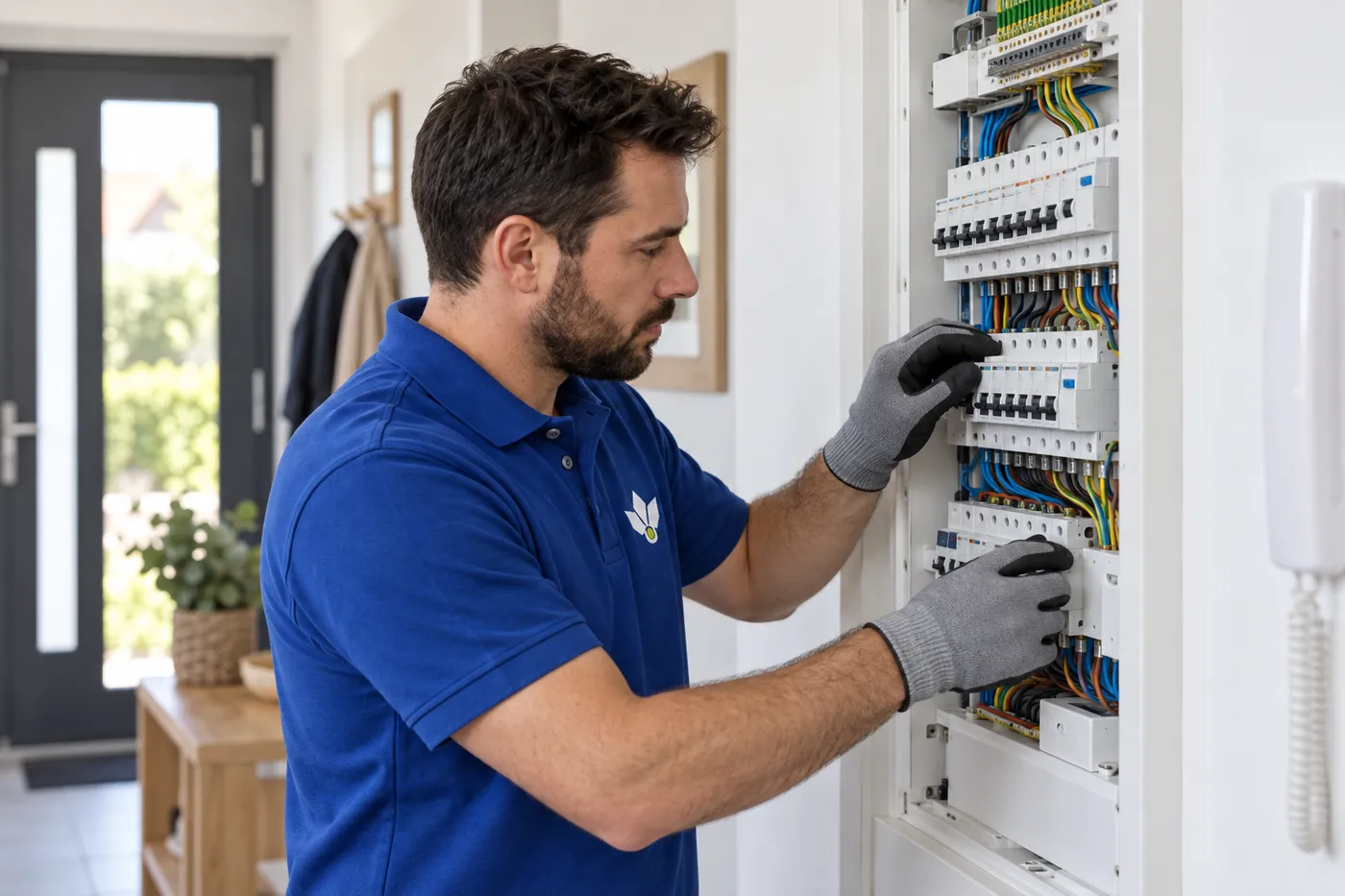 Électricien de Lys Électricité en polo bleu inspectant un tableau électrique ouvert dans une maison