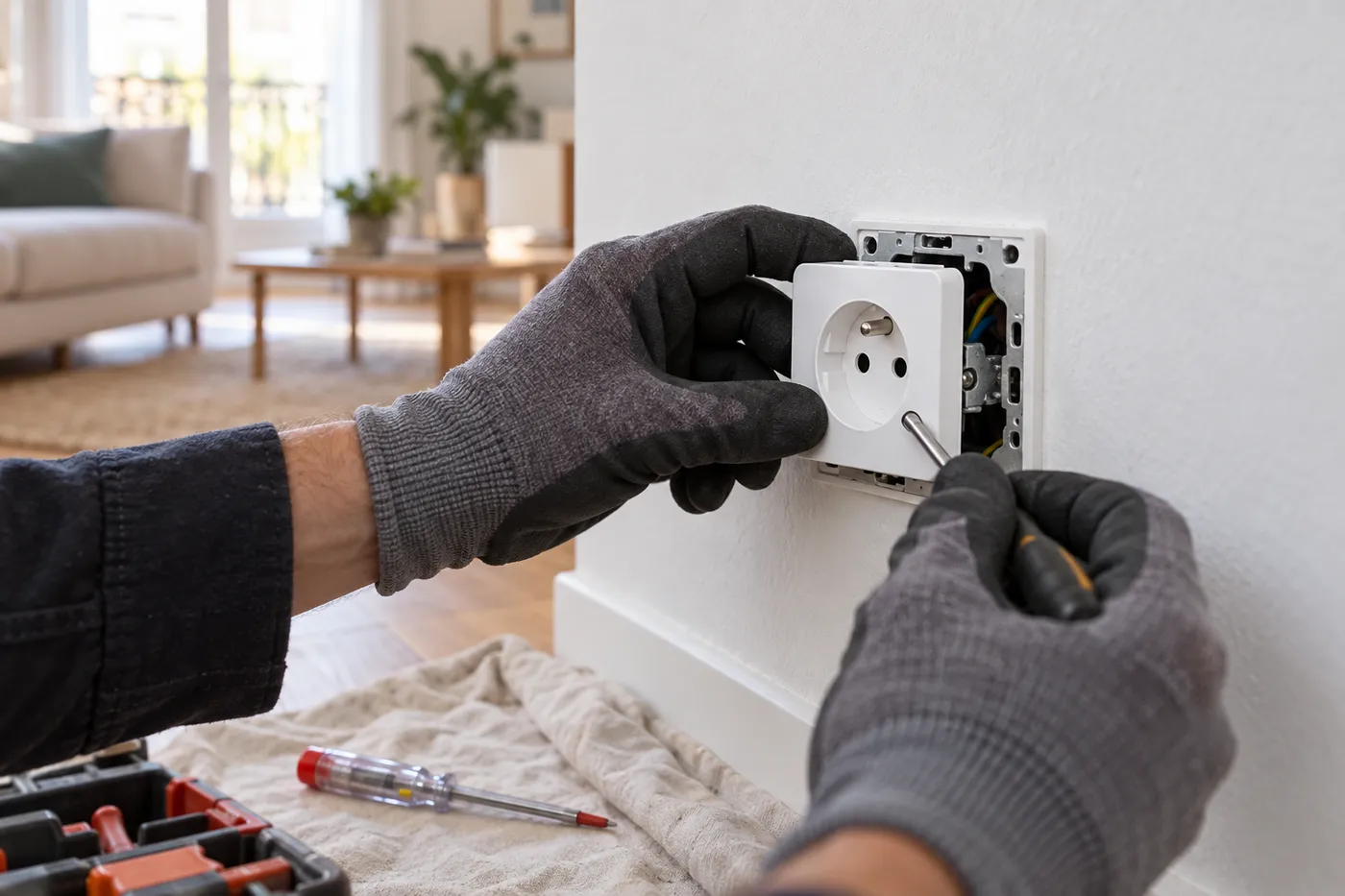 Pose d'une prise électrique murale par un électricien portant des gants de protection