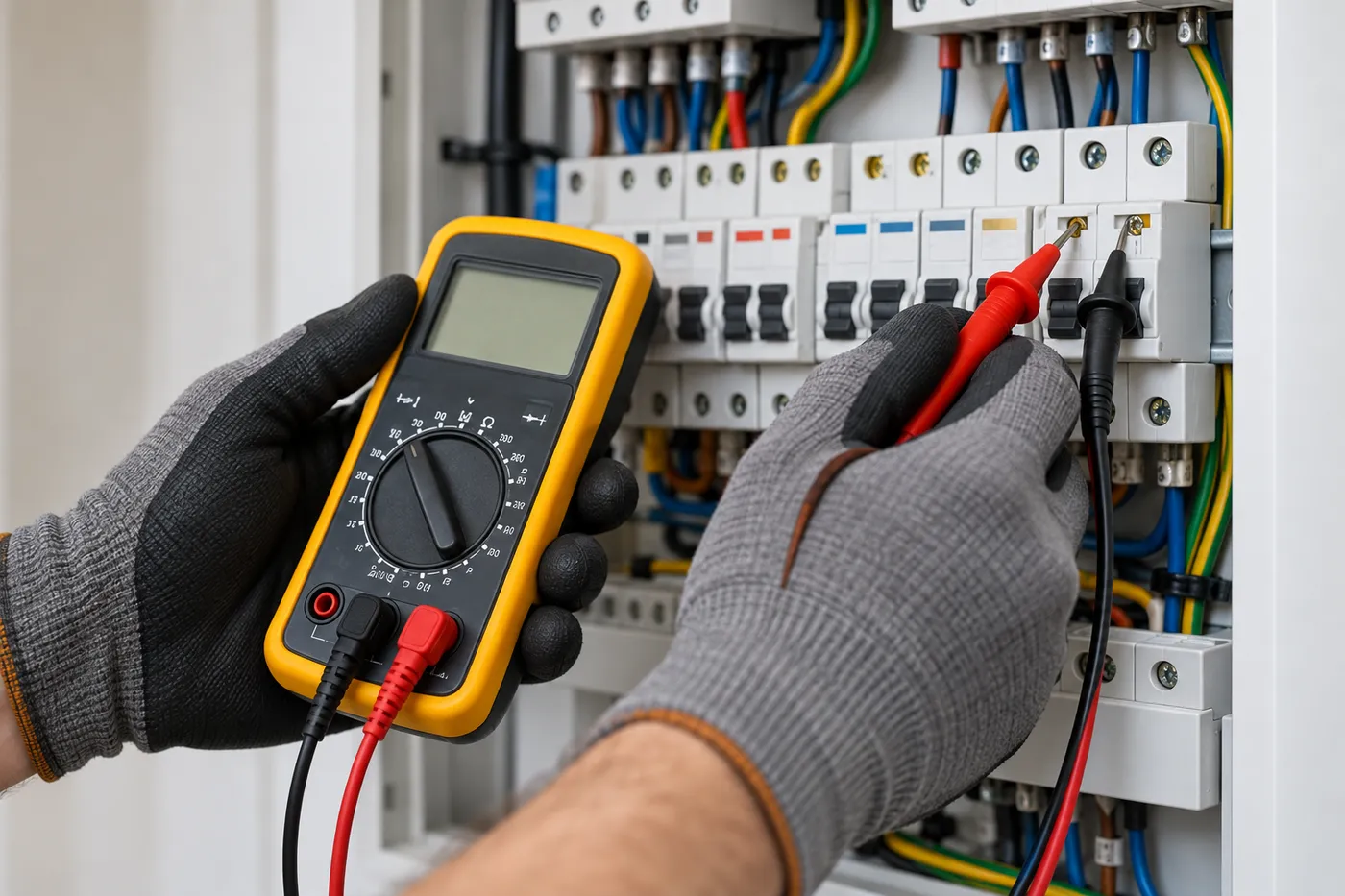 Mesure au multimètre sur un disjoncteur d'un tableau électrique, mains gantées